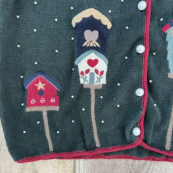 Vintage Womens Winter Sweater Size M Christmas Green 90s Beaded Hand Embroidered - Picture 3 of 13